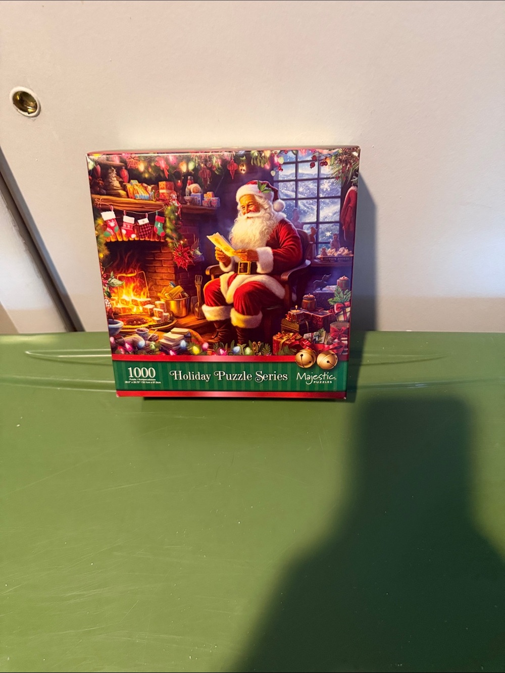 Majestic Red and Green Santa Reading by Fireplace Puzzle